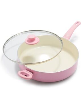 Two Pink GreenLife Nonstick Deep Sauté Pans with Glass Lid